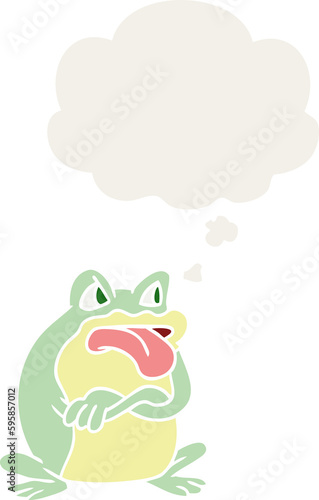 grumpy cartoon frog with thought bubble in retro style