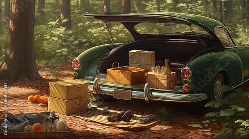 Picnic open car baggage forest photorealistic. Al generated