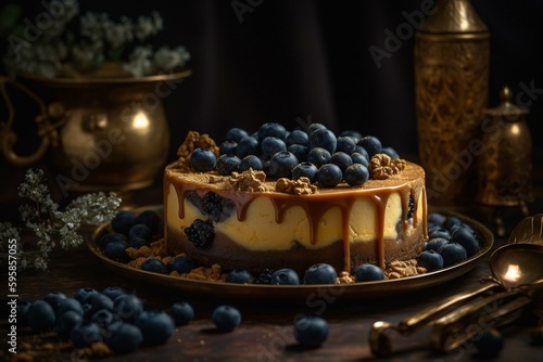 Blueberry cheesecake on golden plate surrounded by blueberries. Generative AI