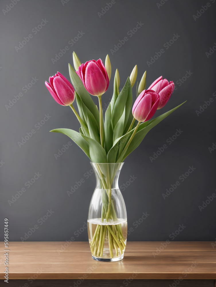 Bouquet of pink tulips in vase on wooden table. AI-generated Bouquet of pink tulips in vase on wooden table. AI-generated