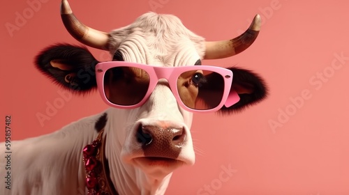 Super funny cow in sunglasses isolated on colored background. Printable artwork. Background or wallpaper. Generative AI