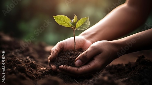 Plant in hands. Ecology concept. Nature background. AI generated