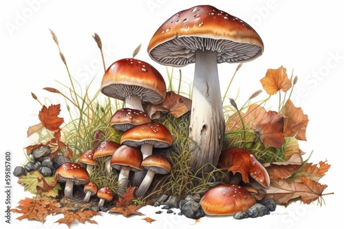 Watercolor illustration of autumn mushrooms, including shiitake. Generative AI