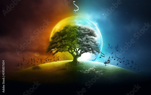 Harmony of nature, music notes on sky sourrounding green tree, environment day concept. Generative AI photo
