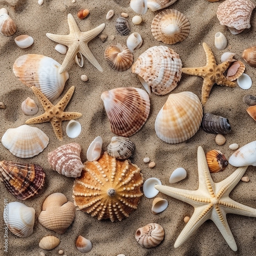 Seashells and starfish on the sand. Summer background. AI generated