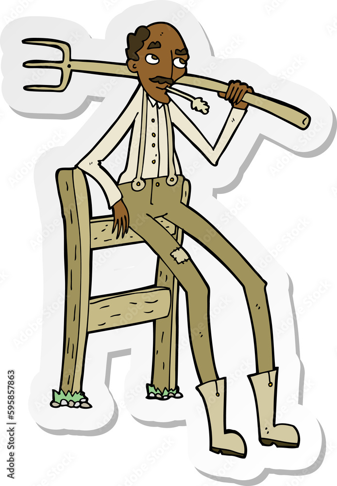 Obraz premium sticker of a cartoon old farmer leaning on fence