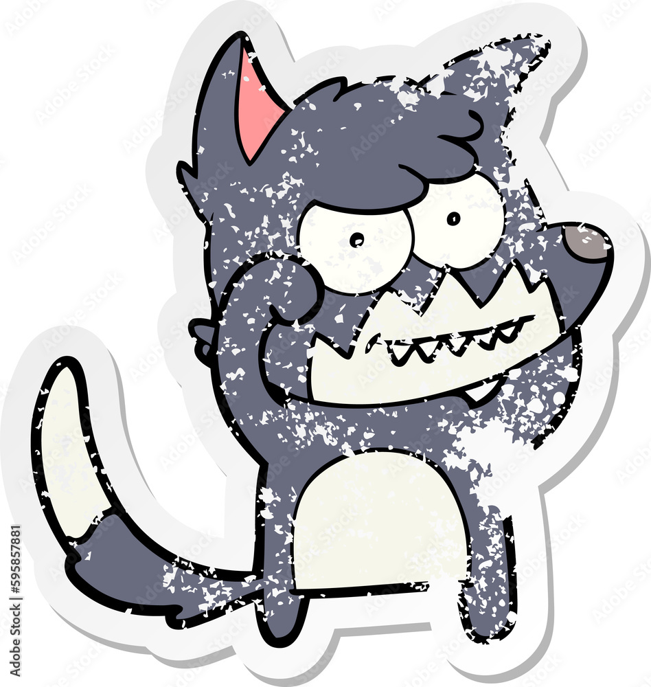 distressed sticker of a cartoon grinning fox distressed sticker of a cartoon grinning fox