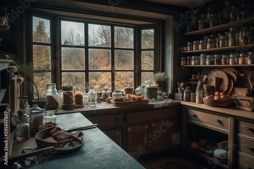 A vintage kitchen with views of winter garden countryside. Rustic, antique atmosphere. Generative AI