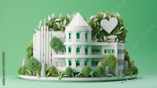Green conceptual building model with trees and a heart symbolizing eco-design.