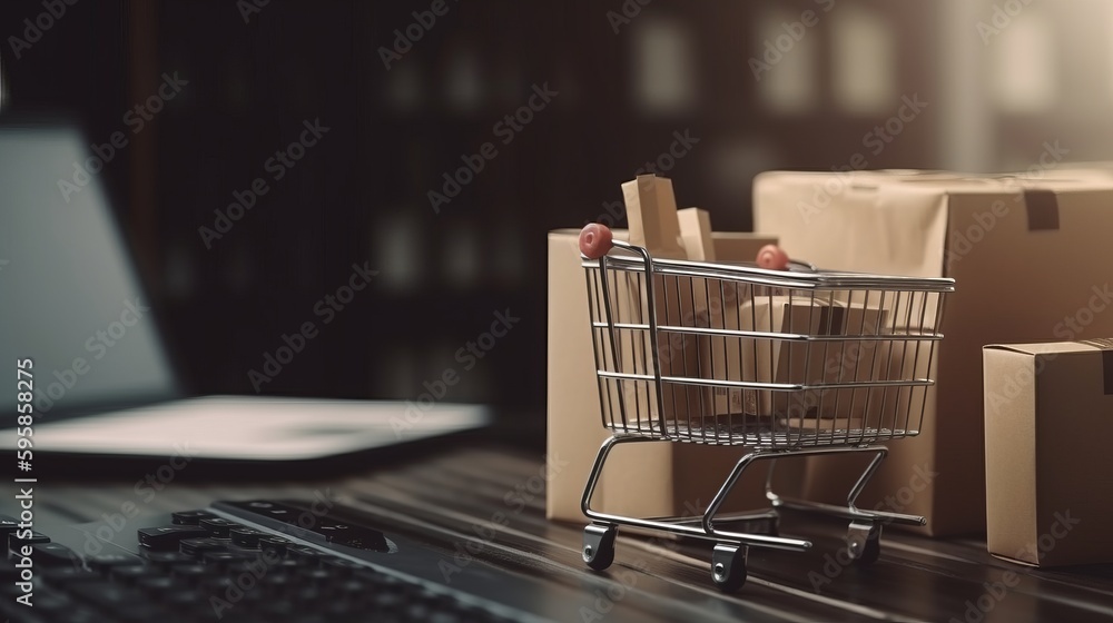 Online shopping concept. Shopping cart near a laptop on a dark background. Al generated