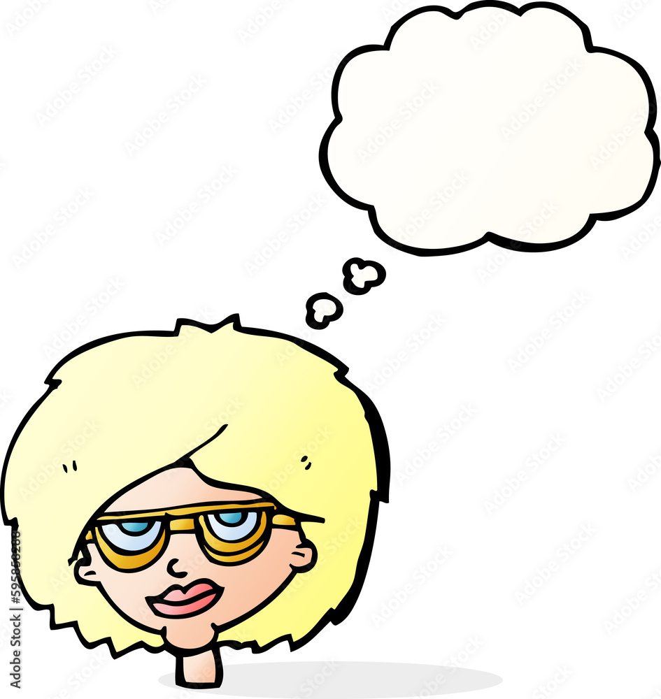 cartoon woman wearing spectacles with thought bubble cartoon woman wearing spectacles with thought bubble