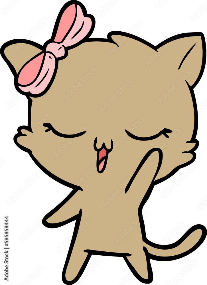 cartoon cat with bow on head waving