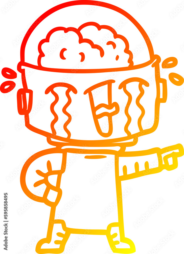 warm gradient line drawing of a cartoon crying robot pointing warm gradient line drawing of a cartoon crying robot pointing