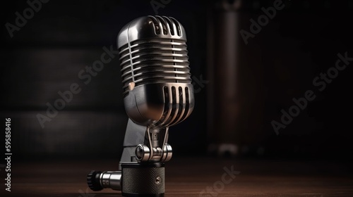 Radio station retro metallic microphone. AI generated