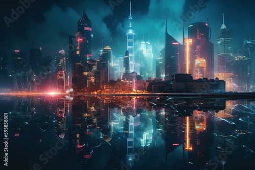 A modern metropolis with towering buildings and vivid holographic ads. Generative AI