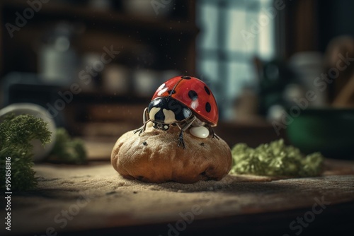 Picture of a ladybug dressed as a chef. Generative AI