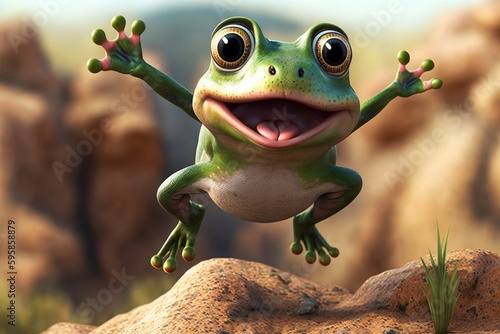 Funny frog jumping on the rocks. Generative AI illustration.