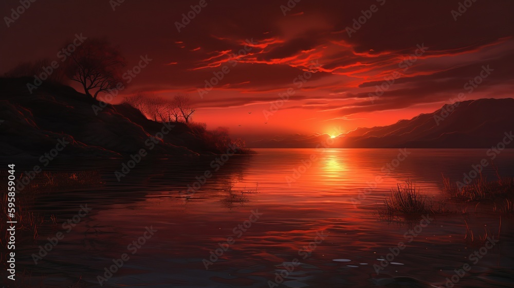 Red sunset near the river with trees and birds photorealistic. AI generated