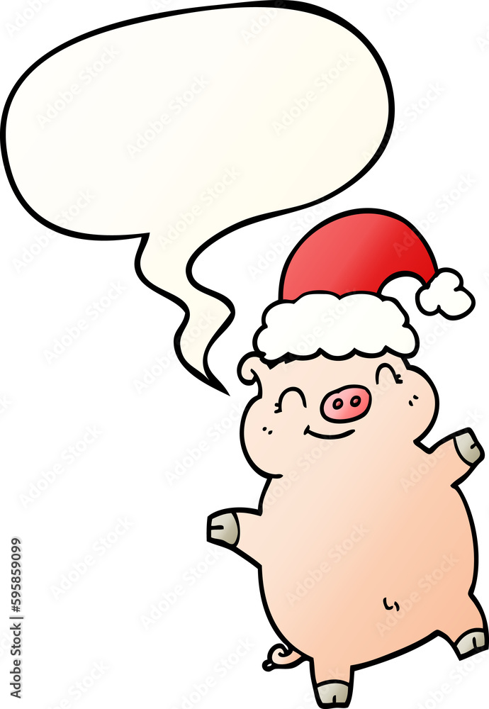 cartoon happy christmas pig with speech bubble in smooth gradient style
