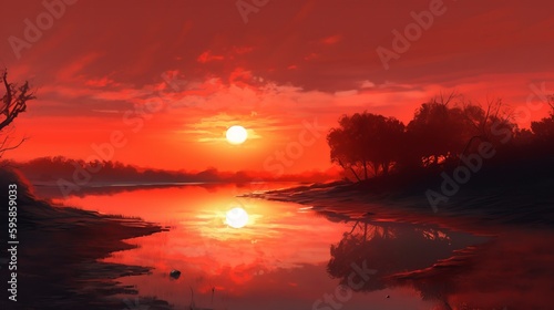 Red sunset near the river with trees and birds photorealistic. AI generated