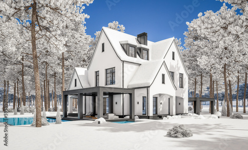 3d rendering of cute cozy white and black modern Tudor style house with parking  and pool for sale or rent with beautiful landscaping. Fairy roofs. Cool winter day with shiny white snow. © korisbo