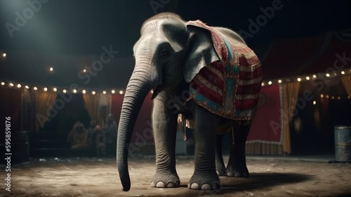 Sad elephant wearing clothes suffering in circus captivity. Generative ai © cac_tus