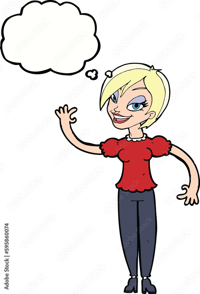 cartoon woman waving with thought bubble cartoon woman waving with thought bubble