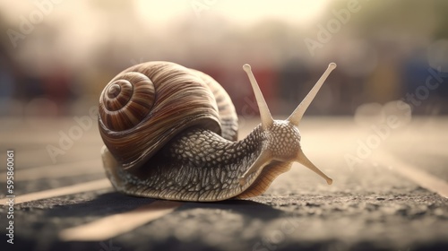 A snail that is sitting on a table with some corn on it's side and it's head turned away from the camera. Generative ai © cac_tus
