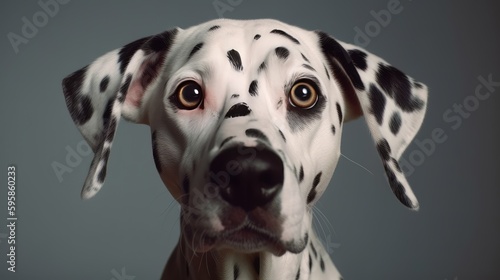 Portrait of an adorable Dalmatian dog with different colored eyes looking curiously at the camera. Generative ai © cac_tus