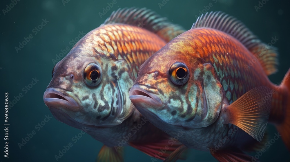 Studio portrait of two happy fishes kissing. Generative ai