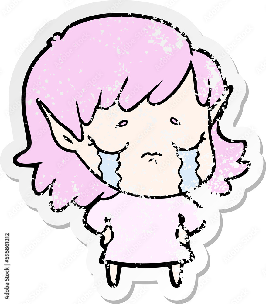 distressed sticker of a cartoon crying elf girl distressed sticker of a cartoon crying elf girl