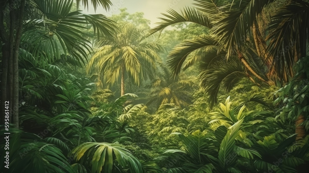 A tropical island with palm trees and a beach with a sunset in the background, generative AI A tropical island with palm trees and a beach with a sunset in the background, generative AI