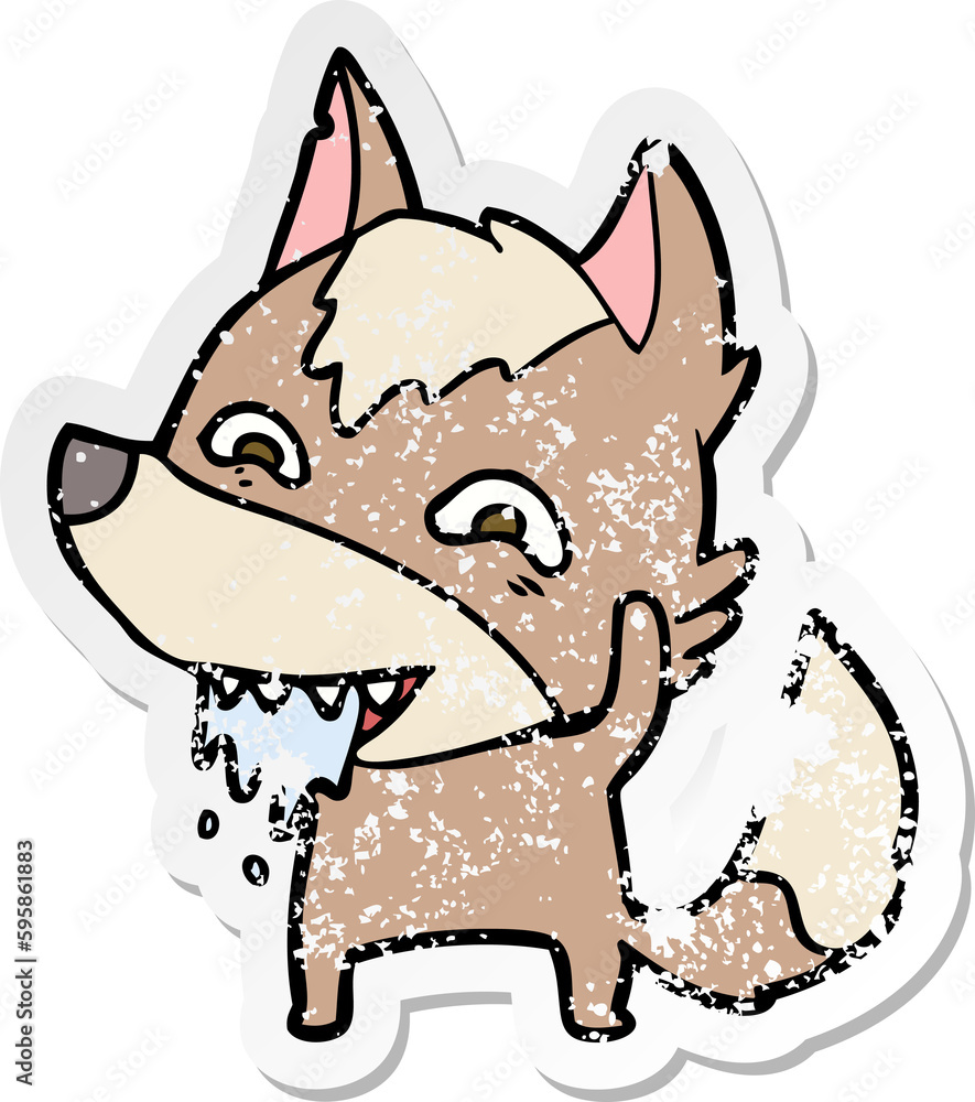distressed sticker of a cartoon hungry wolf distressed sticker of a cartoon hungry wolf