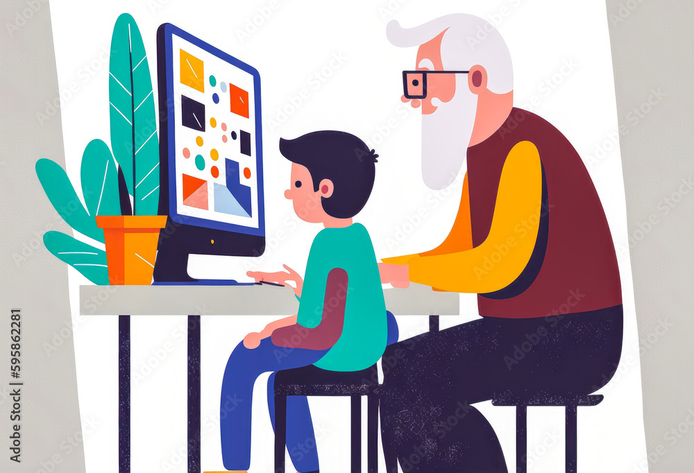 Image representing the transmission of skills from one generation to the next. Style: simple, childlike, informative with bright colors. Generative AI Image representing the transmission of skills from one generation to the next. Style: simple, childlike, informative with bright colors. Generative AI