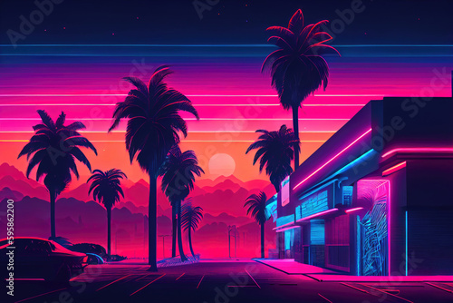 Retro night city street with palm trees and neon lights, ai generation