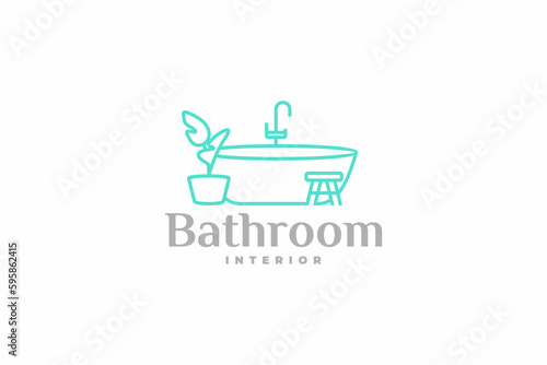 Stylish bathroom interior in modern eco-friendly style with a bathtub logo design. Bathroom interior with stool and houseplant graphic design