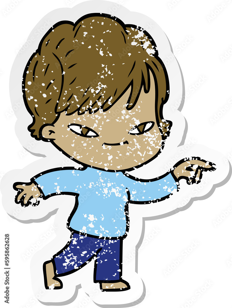 distressed sticker of a cartoon happy woman distressed sticker of a cartoon happy woman