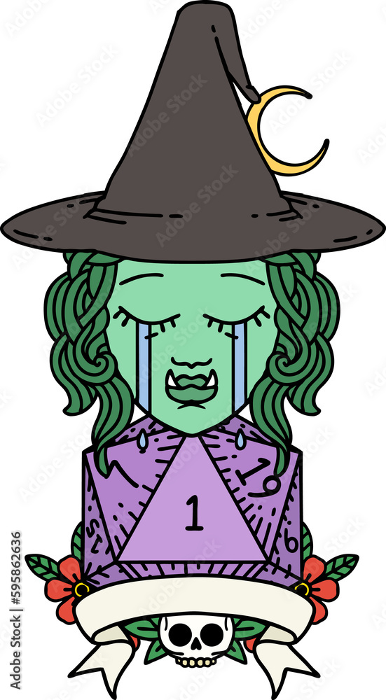 Retro Tattoo Style crying half orc witch character with natural one roll Retro Tattoo Style crying half orc witch character with natural one roll