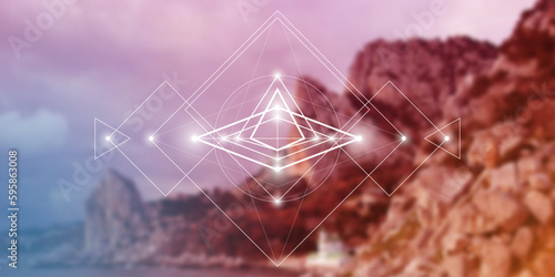 Sacred geometry spiritual new age futuristic illustration with transmutation interlocking circles, triangles and glowing particles