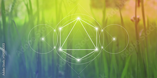 Merkaba. Sacred geometry spiritual new age futuristic illustration with transmutation interlocking circles, triangles and glowing particles