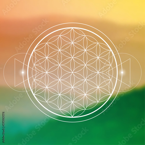Flower of life. Tree of life. Sacred geometry spiritual new age futuristic illustration with transmutation interlocking circles, triangles and glowing particles