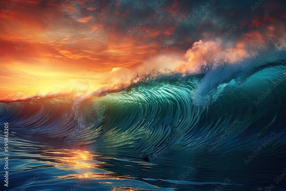 Fototapeta premium Blue ocean with tall waves. Generative AI