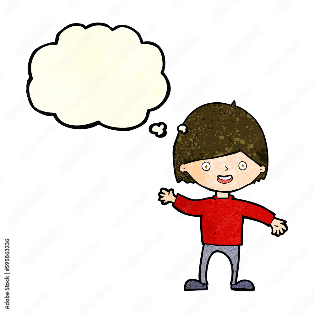 cartoon waving boy with thought bubble cartoon waving boy with thought bubble