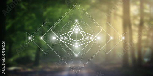 Sacred geometry spiritual new age futuristic illustration with transmutation interlocking circles, triangles and glowing particles