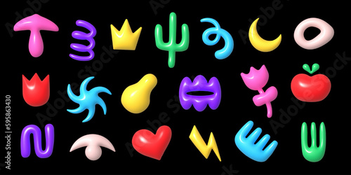 Set of 3D abstract simple shapes in cartoon plastic or clay style, vector isolated elements for Y2K design theme
