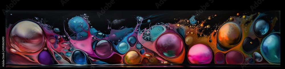 Panoramic image of transparent colorful oil drops closeup. Abstract background. Generative AI