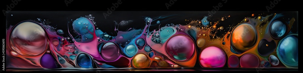 Fototapeta premium Panoramic image of transparent colorful oil drops closeup. Abstract background. Generative AI