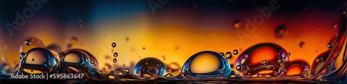 Panoramic image of transparent colorful oil drops closeup. Abstract background. Generative AI