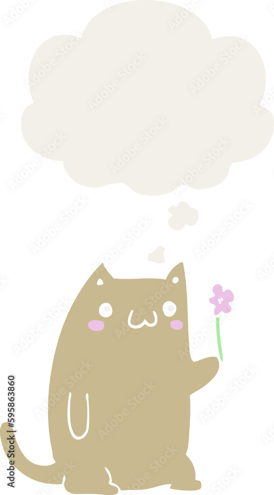cute cartoon cat with flower with thought bubble in retro style cute cartoon cat with flower with thought bubble in retro style