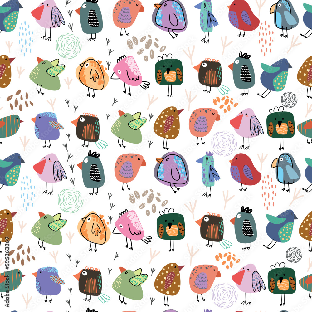 Colorful doodle cartoon bird seamless pattern. Collection of flat hand drawn birds. Cute background for textile print, wrapping paper. Vector illustration.	